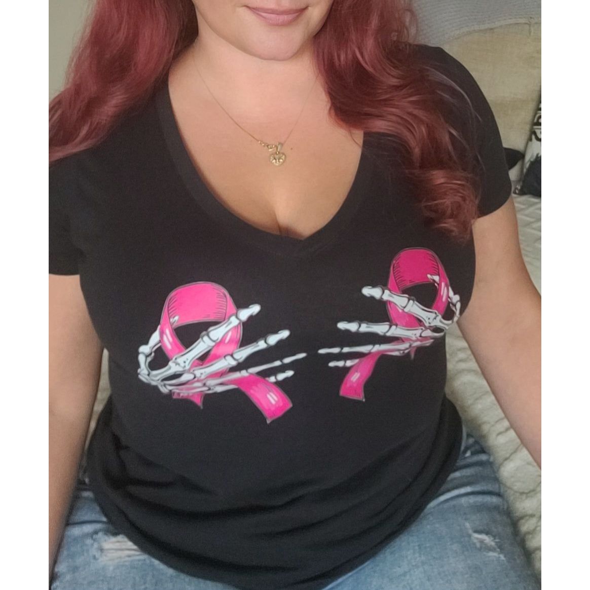 Skeleton Hand Breast Cancer Awareness V-Neck T-shirt